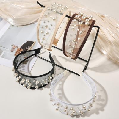 Widened Curved Hair Hoop, Breathable Mesh Base Headband with Imitation Pearls Decor, Anti-Slip Hemming Face Shaping Hair Accessory