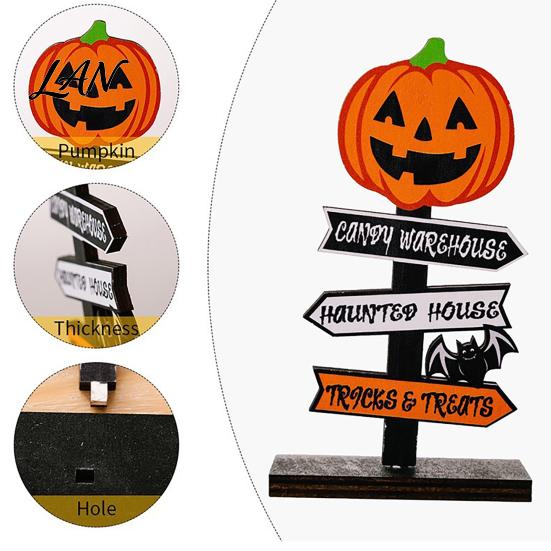 Halloween Atmosphere Props Wooden Sign Decoration, DIY Ghost Pumpkin Bat Tabletop Ornament with Indoor Festive Decor Spooky Slogans, Rustic