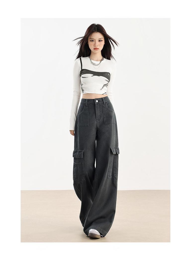 Women's High-Waist Fleece-Lined Wide-Leg Jeans, Retro Workwear Style for Autumn/Winter 2024