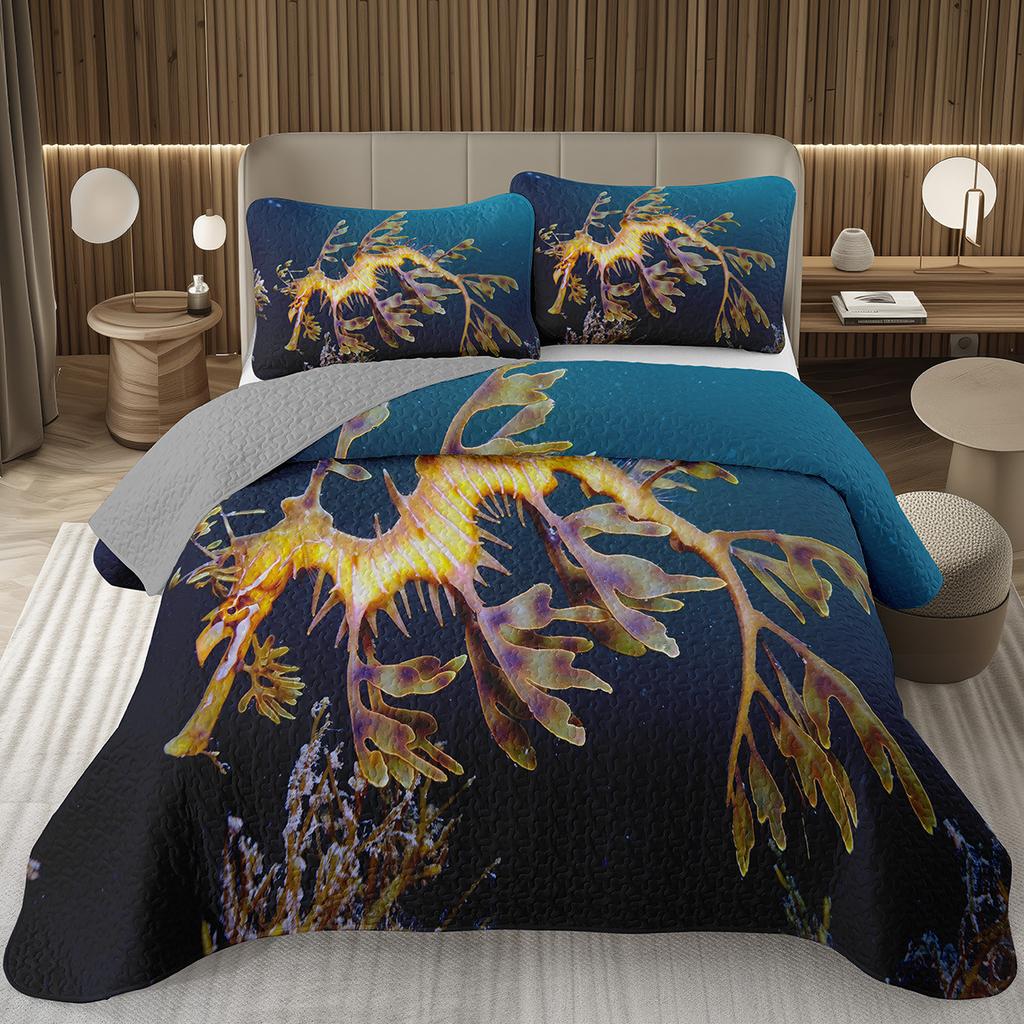 Comforter Seahorse Queen Size 3D Seahorse Printed Bedding Set Ocean Animal Quilted Marine Mediterranean Style Bed