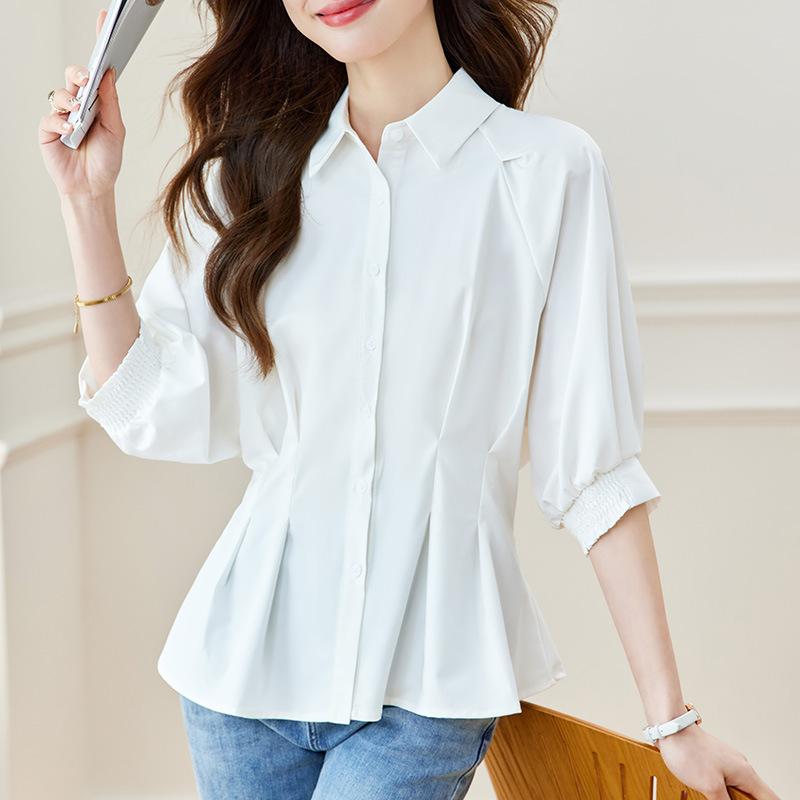 

Белая рубашка женская с рукавом 7/4, летняя одежда, новый стиль, прилегающий к талии облегающий топ, повседневная рубашка L белый
