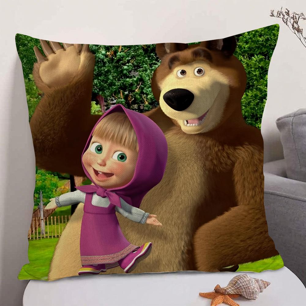 Anime MMasha And The Bear Cushion Cover Natural Linen Organic Fabric DoubleSided Printing Sofa Home Decor Gift Pillow Case