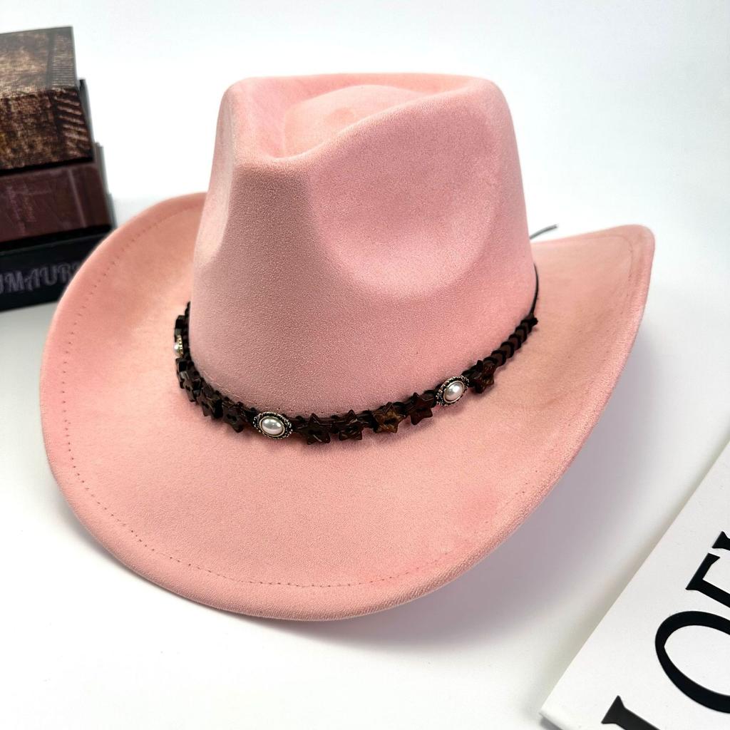 Western Cowboy Hat Women'S Wool British Suede Pearl Accessories Peach Heart Top Hat