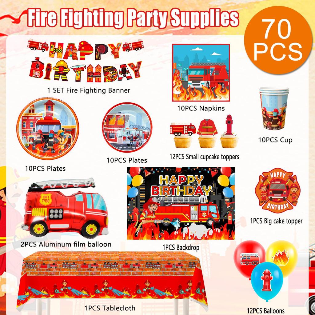Fire Truck Birthday Party Supplies,Firetruck Birthday Decorations&Tableware Set-Plates Cups Balloon Backdrop etc Fire Truck Party Supplies