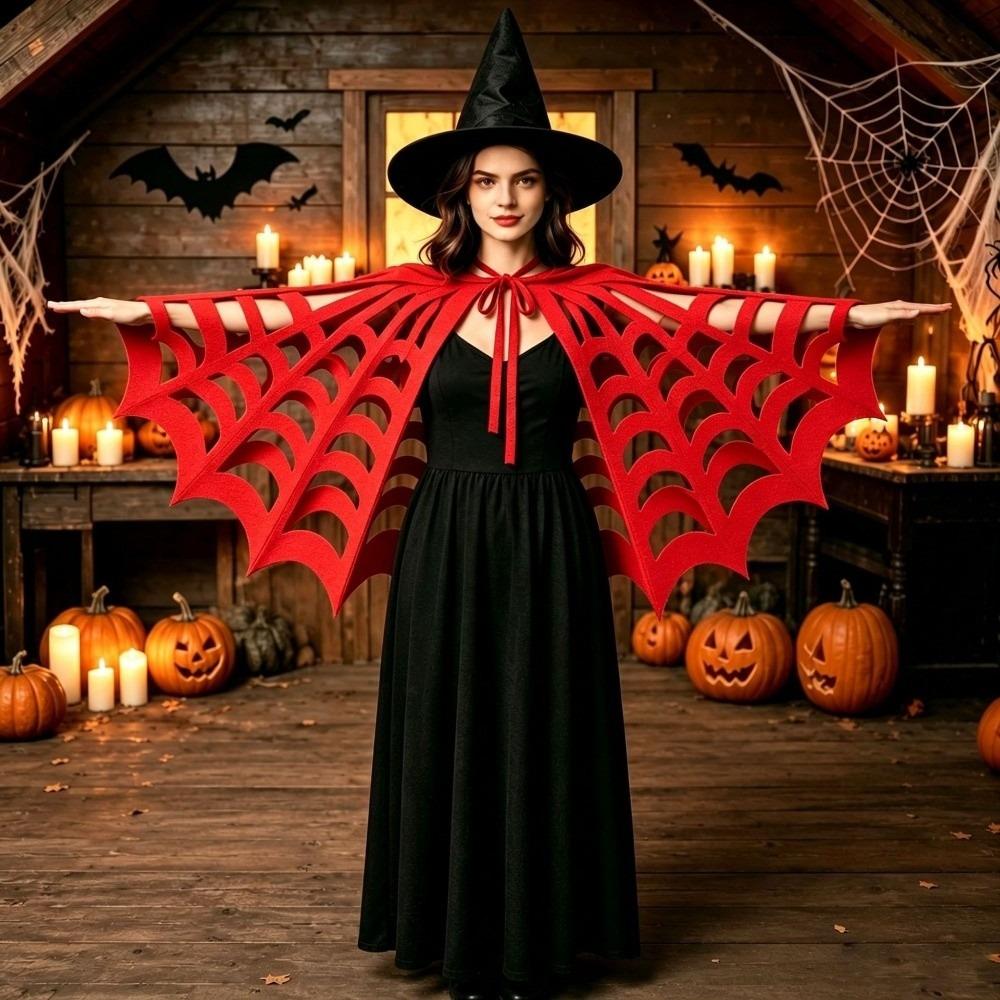 Solid Color Halloween Cape Hollow Out Spiderweb Shawl Retro Felt Mesh Cape Adult