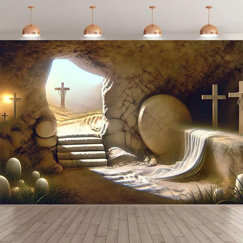 

2D Christian Resurrection Backdrop, Empty Tomb with Cross Photography Background 47.2x31.5inch/120*80cm