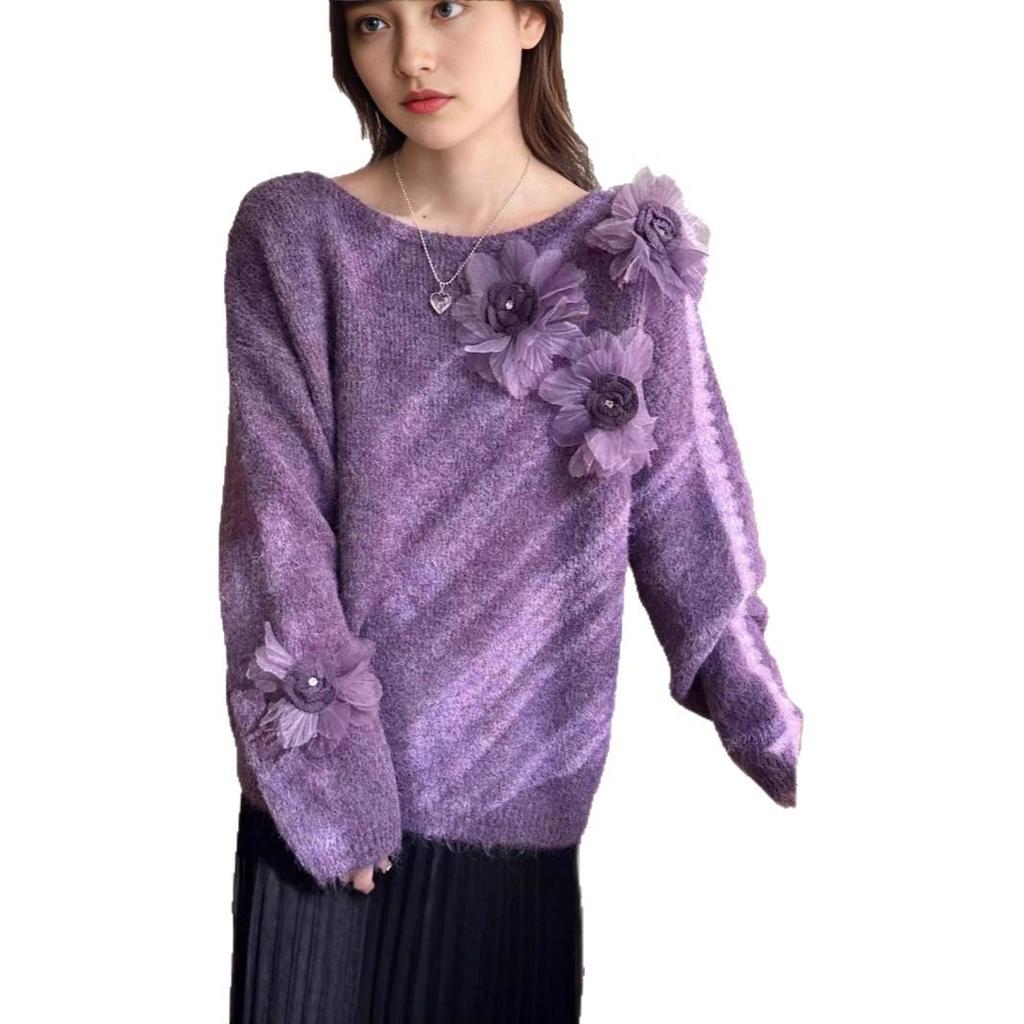 2026 Herbst/Winter Damen Übergröße 3D Floral Strick Rundhals Pullover