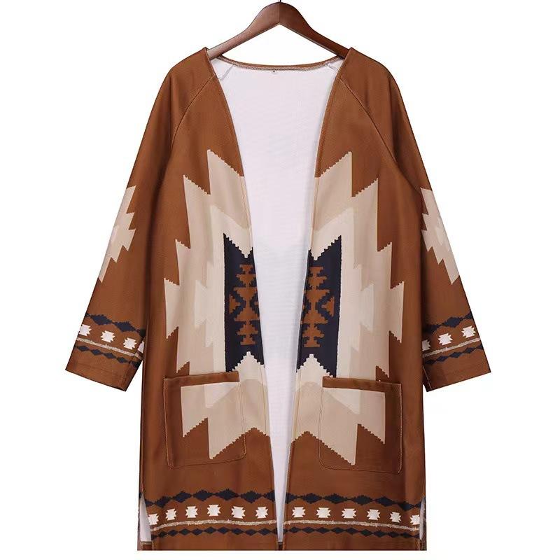 Cárdigan de Punto de Manga Larga con Estampado Étnico, Capucha y Bolsillos