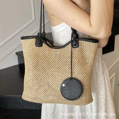 Korean Contrast Woven Tote Bag Women's 2025 New Retro Beach Vacation Shoulder Bag Large-capacity Straw Bag