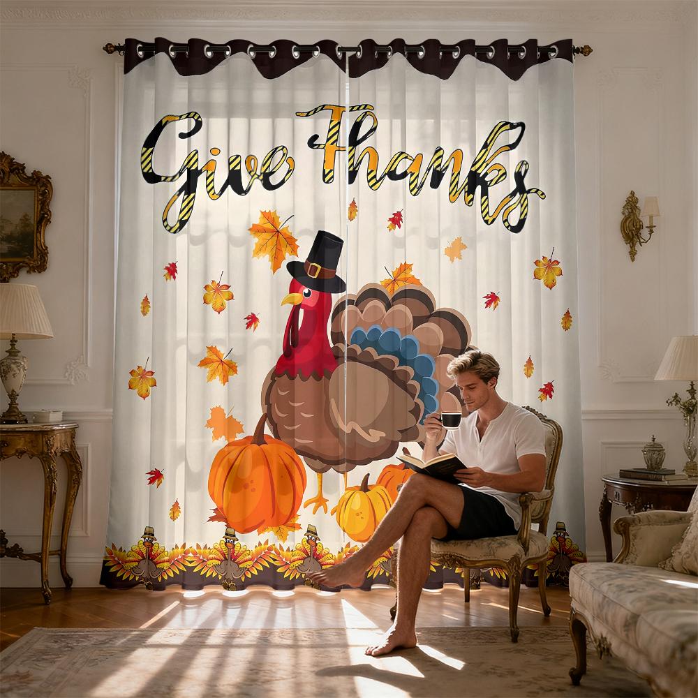 2pcs Thanksgiving turkey, pumpkin, maple leaf Give Thanks blackout curtains living rooms bedrooms