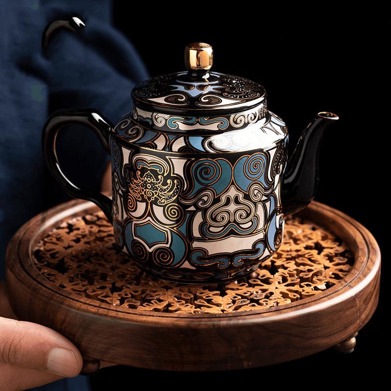 Gold & Silver Inlay Gaiwan Tea Set: Chinese Taotie Teapot with Gilded Teacup & Infuser