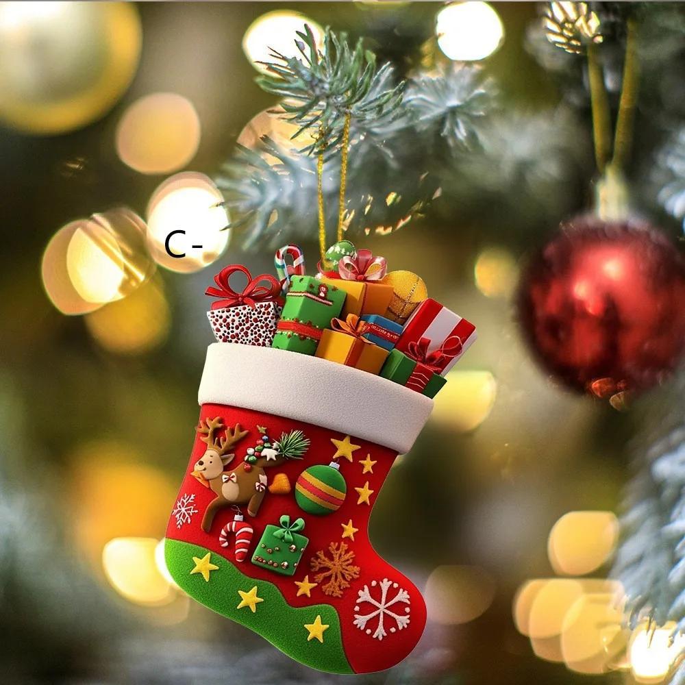 Cute Cartoon Christmas Socks 2D Flat Acrylic Ornament Xmas Tree Stocking Pendant Merry Christmas Decor New Year Gifts 2D Flat Acrylic