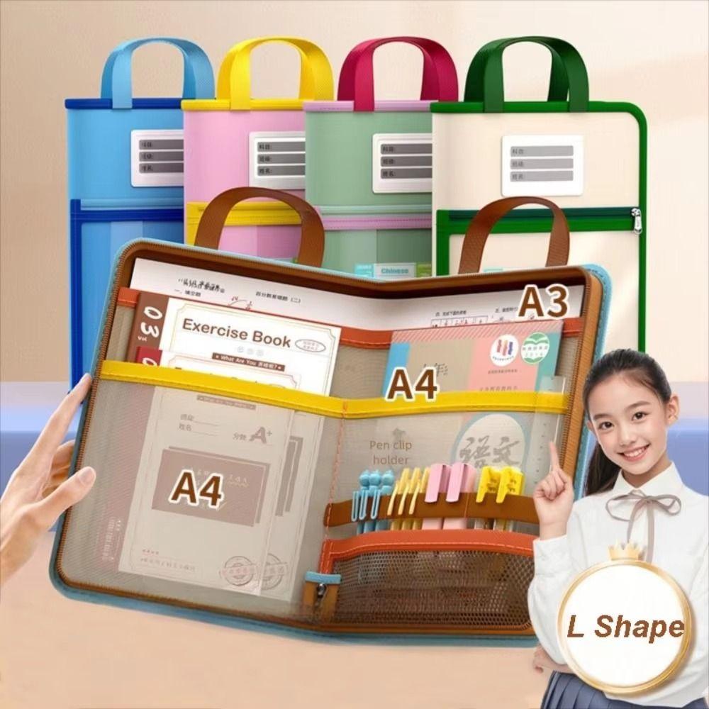 L-shaped A4 File Bag Transparent Large Opening Stationery Storage Bag File Organizer Large-capacity Mesh Folder Bag Test Paper