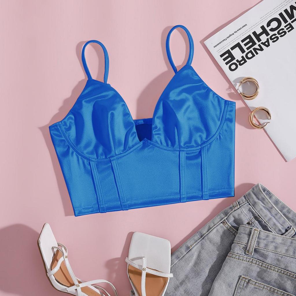Satin Tank Top Solid Halter Crop Tops Women Summer Adjustable Shoulder Strap Camis Backless Camisole Casual Tube Female Sleeveless Cropped Vest