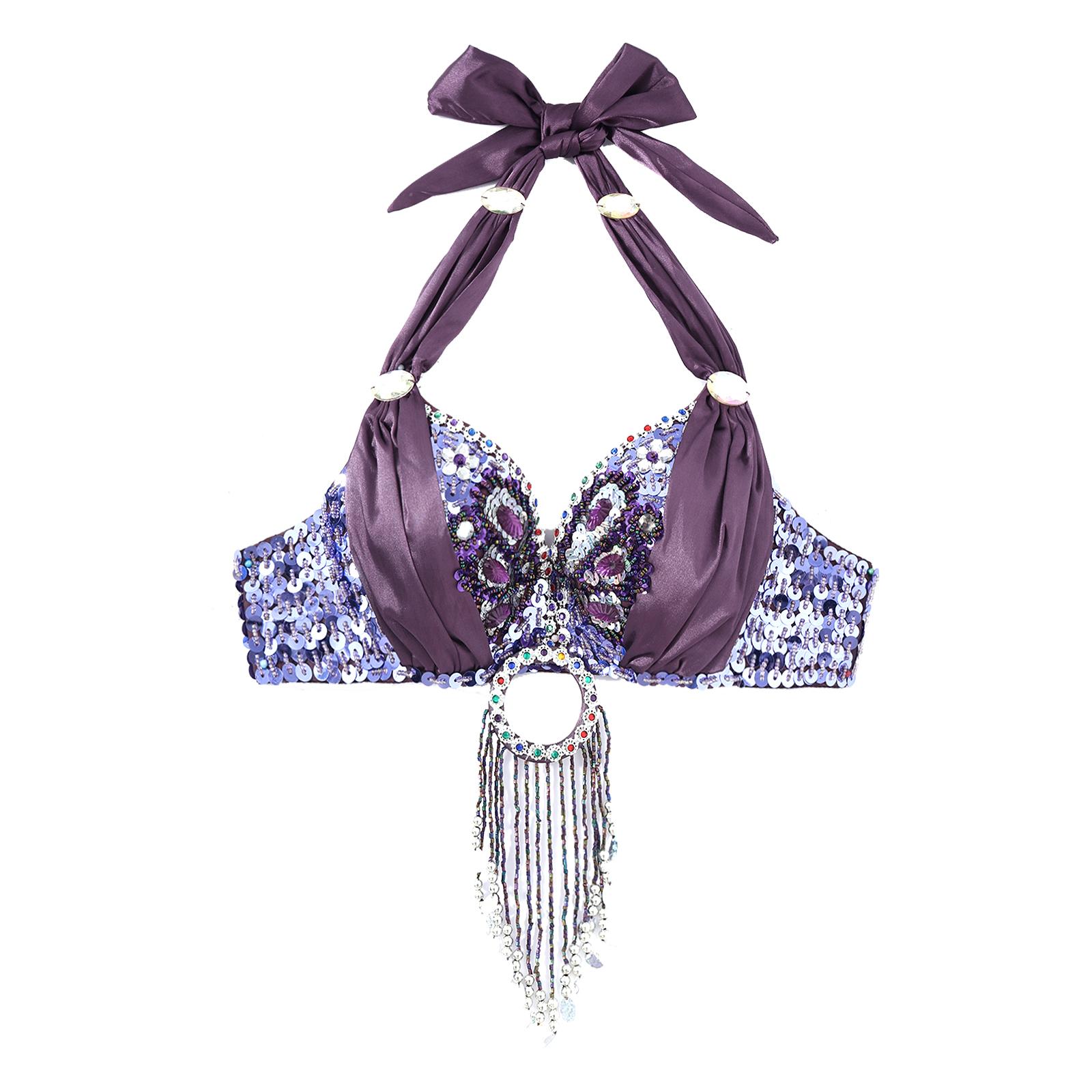 

Жіночий стразами танець живота бюстгальтер топ блискітки на кісточках бюст є блискітками китицями бюстгальтер костюм виступ танцювальний одяг One Size фіолетовий