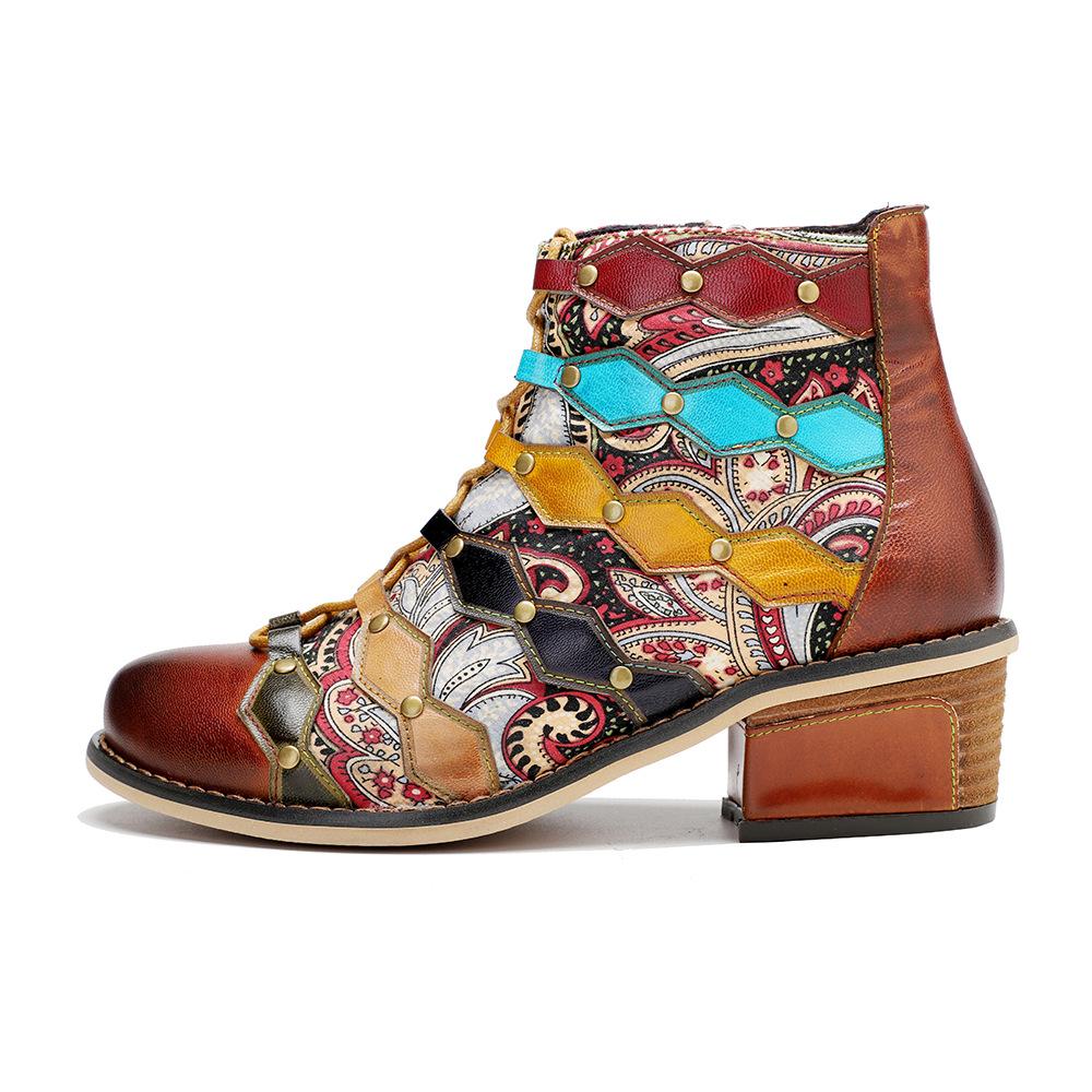 Johnature Genuine Leather Short Boots Hand Printed Retro Patchwork Fashionable Rivets Mid Heeled Shoes