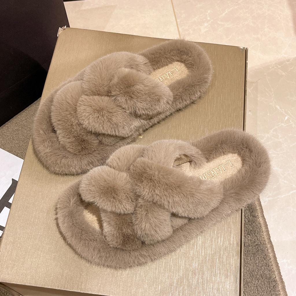 Mao Mao Slippers Female Spring and Autumn Thick Bottom Versatile Fairy Style Fashion Cross Home Plush Cotton Slippers