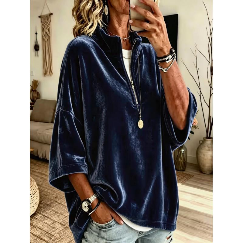 Womens Relaxed Half-Zip Fleece Pullover Sweatshirt 7/8 Sleeve Solid Color Casual Top