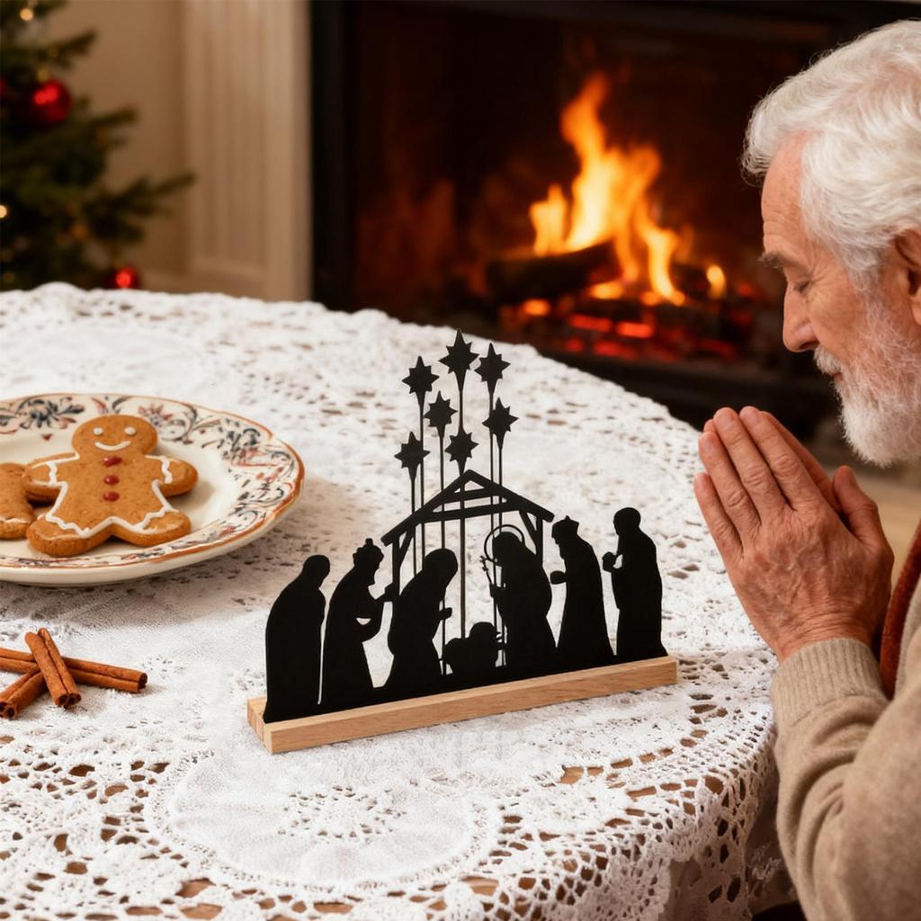 Christmas Table Decor Nativity Scene Desk Ornament Metal Christmas Decorations Indoor with Wooden Base for Holiday Counter