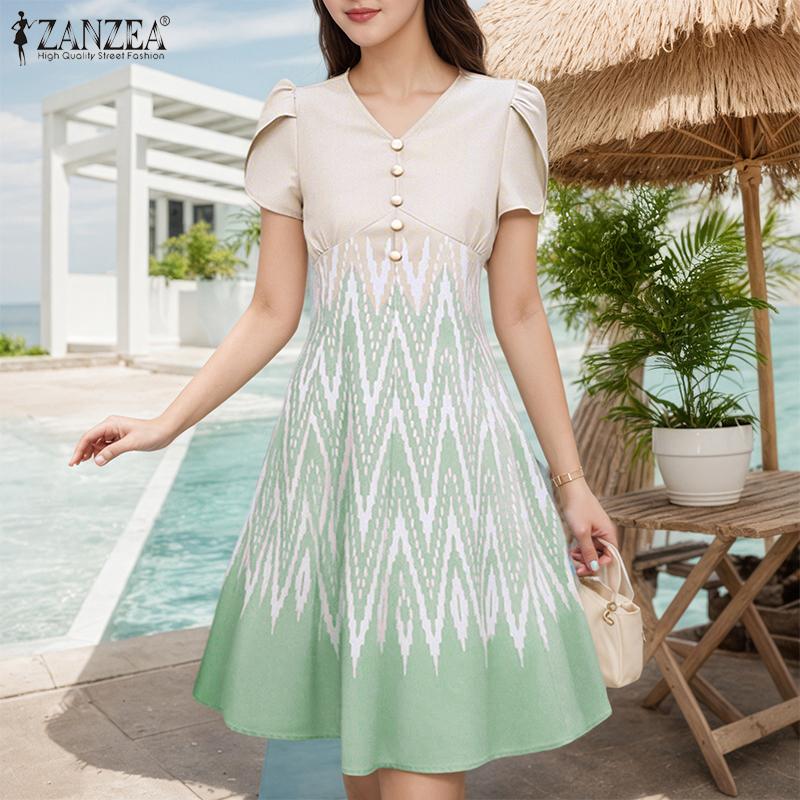ZANZEA Women Casual V-Neck Summer Short Sleeve Print Dress