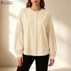 ZANZEA Women Casual Round Neck Lace Trim Splice Long Sleeve Loose Blouse
