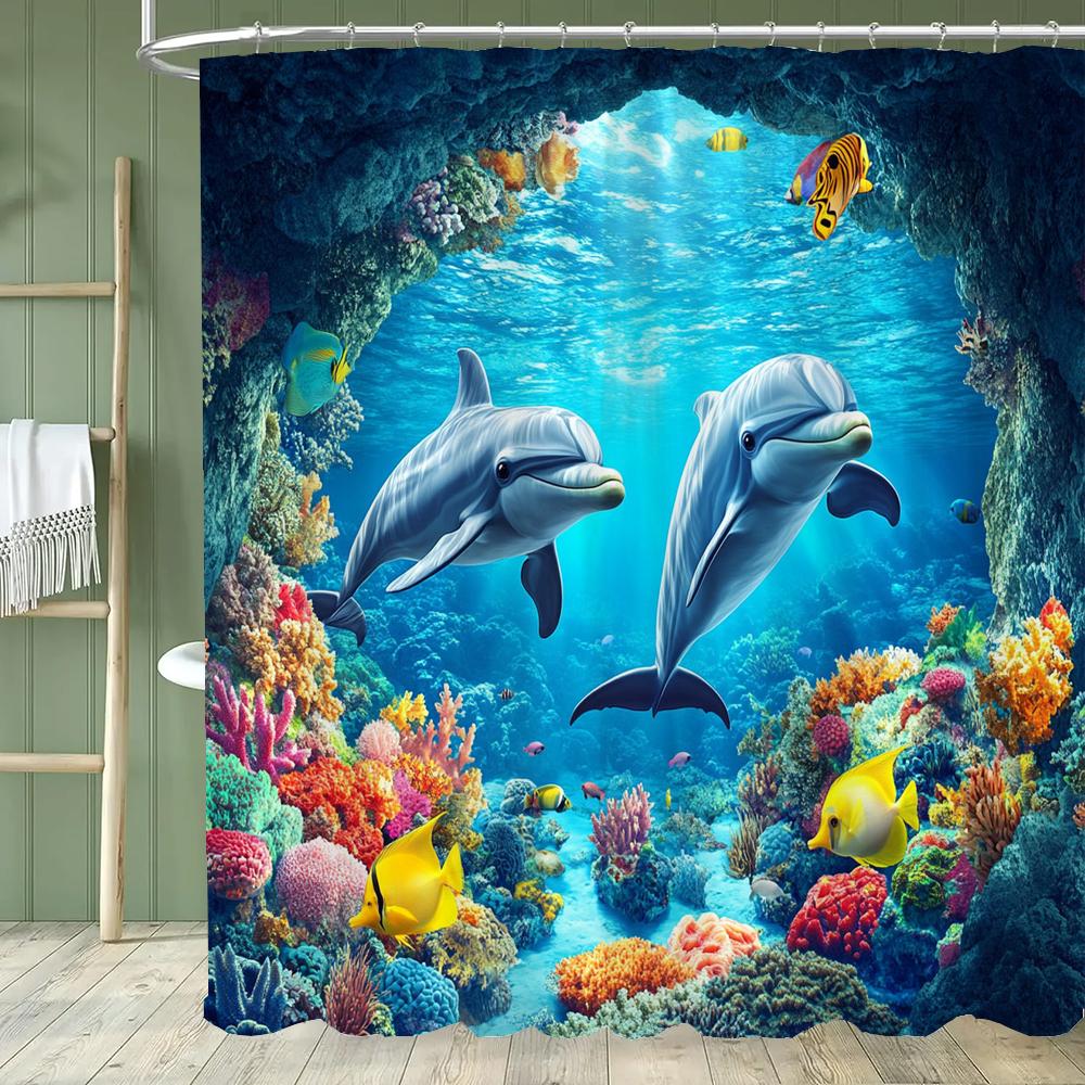 

Ocean Marineland Shower Curtain Sea Underwater World, Dolphins Bathroom Curtain Decorative Home Curtain With Hooks W60H190(CM)-1 Pcs