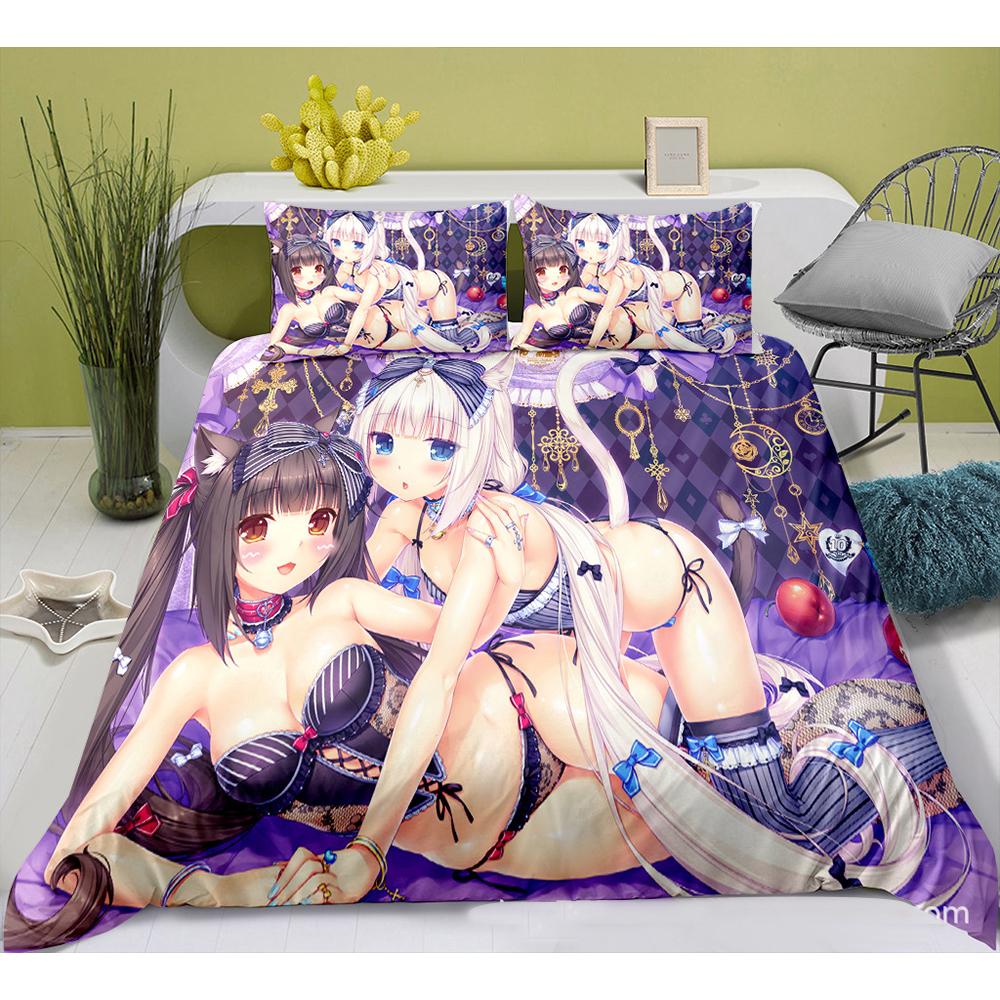 

Милый аниме-узор кошки-горничной NEKOPARA, комплект постельного белья из 3 предметов, игровой принт, пододеяльник и наволочка, украшение для спальни для подростков-отаку EU Twin 135x200cm