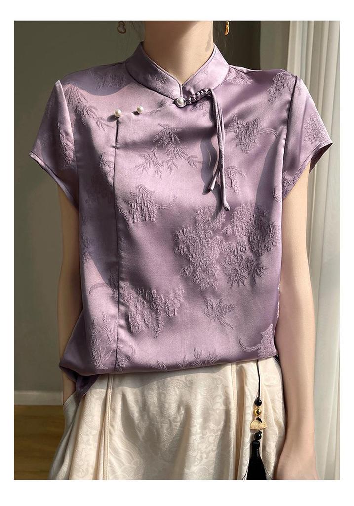 Women's 2025 Spring/Summer Chinese Faux Silk Jacquard Shirt - National Trend Tang Suit with Stand Collar and Diagonal Placket
