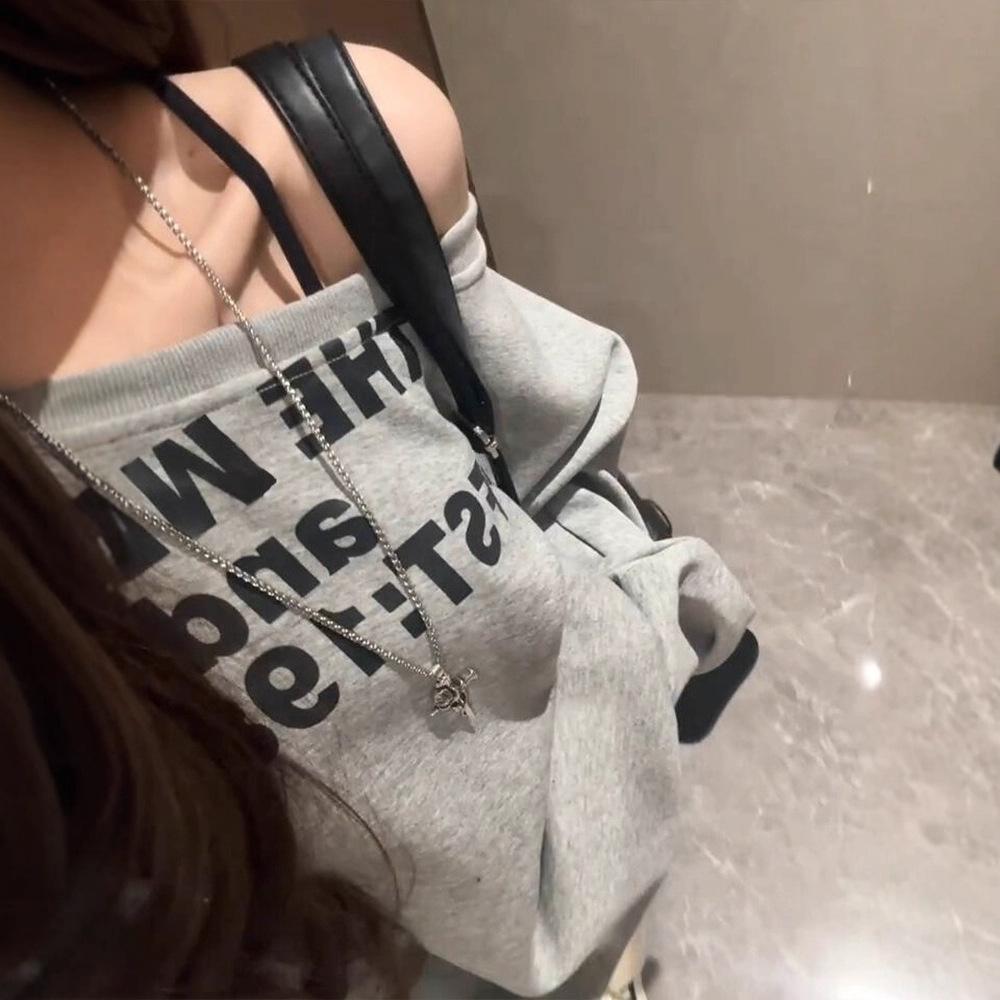 American Spice Girl letter print gray sweater women's early autumn design sense loose casual oversize slanted shoulder