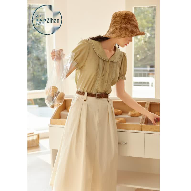 ZIHAN Lace Doll Collar Puff Sleeve Shirt S светло-травянисто-зеленый