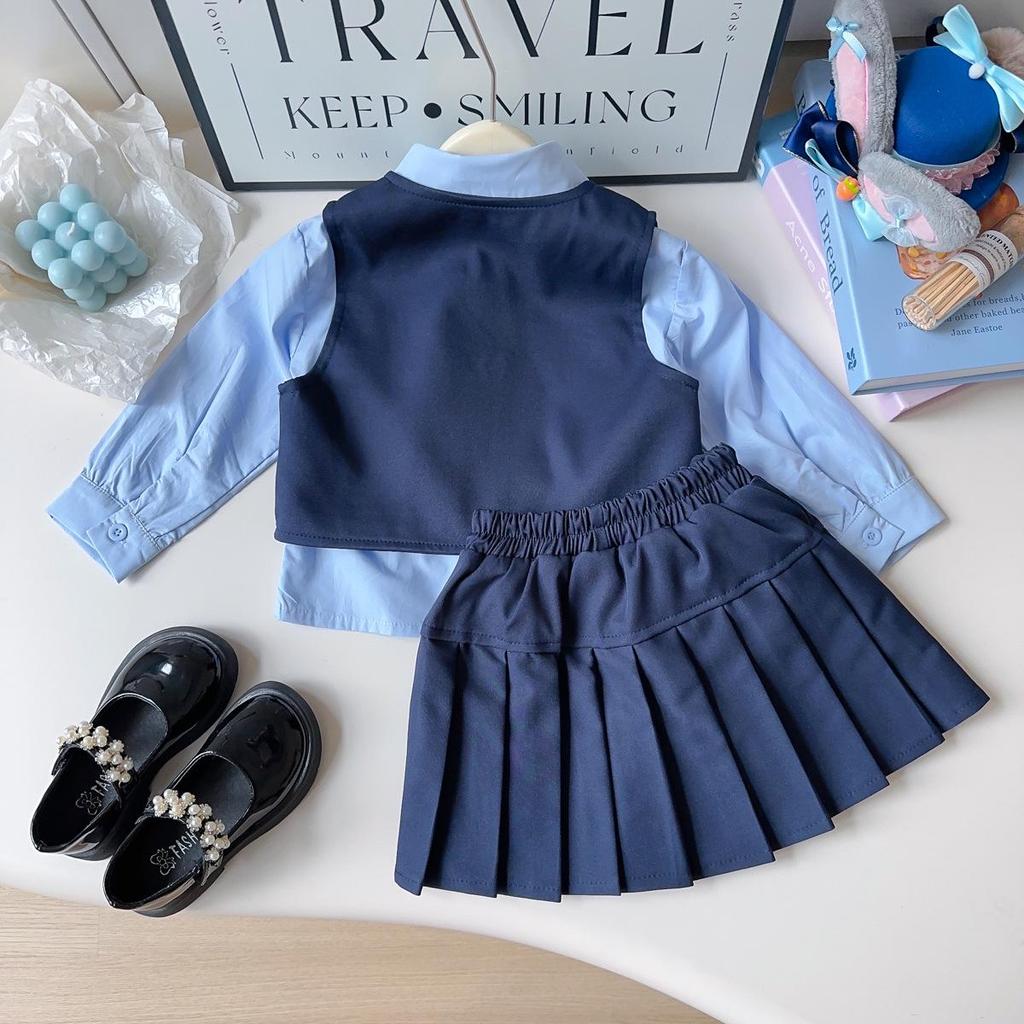 Girls' Rabbit Police Officer Three-Piece Set: Vest, Shirt, and Pleated Skirt – Suitable for Autumn and Spring (AQB003)