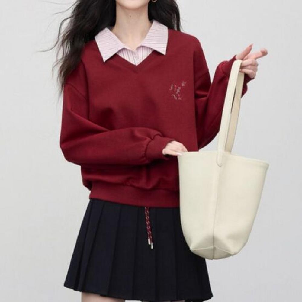 Navava Casual Embroidery Stripe Collar Long Sleeve Sweatshirt Nt3279