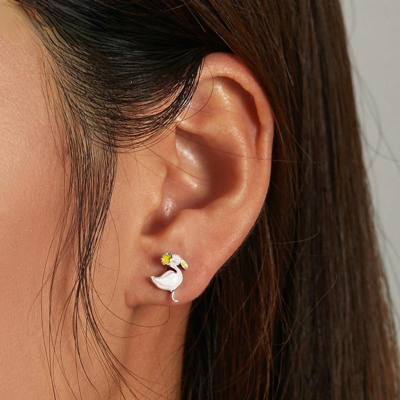 925 Sterling Silver Enamel Stud Earrings Cute Pink Flamingo Earrings for Women & Girls Fine Jewelry Set Friendship Gift