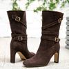 Women's Shoes Retro Flannel Medium Boots Thick Heel High Heel Boots Autumn and Winter Temperament Elegant Brown Boots 2025