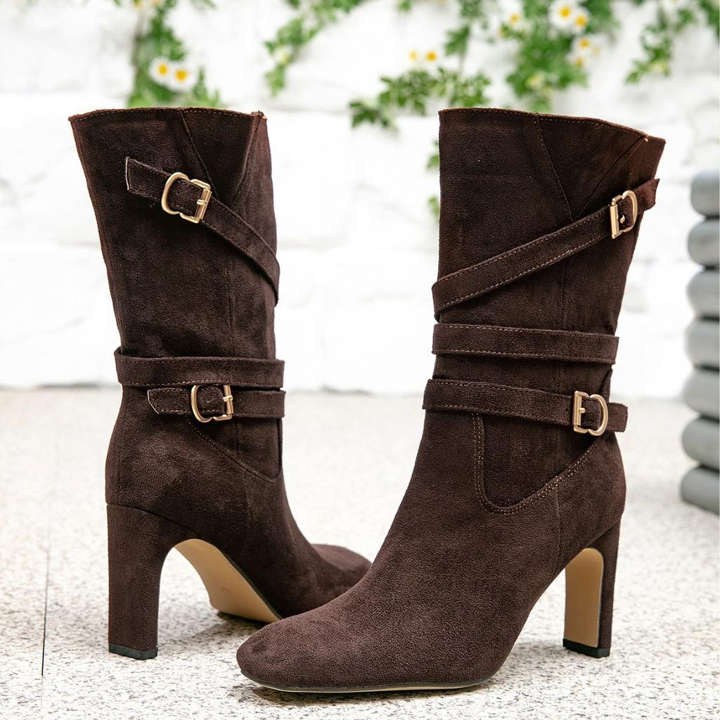 Women's Shoes Retro Flannel Medium Boots Thick Heel High Heel Boots Autumn and Winter Temperament Elegant Brown Boots 2025