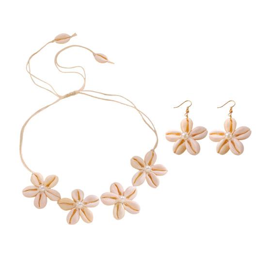 Natural Seashell Flower Jewelry Set Handmade Shell Necklace Earrings with Faux Pearl Accents Beach Vacation Casual Gift for Coastal Lovers