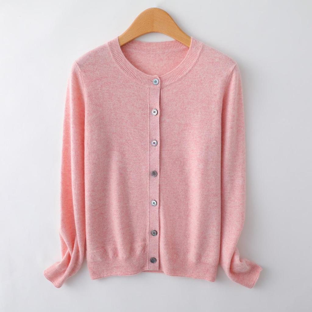 Autumn/Winter Pure Cashmere Women's Gray Round Neck Cardigan - Loose Knit Long Sleeve Sweater