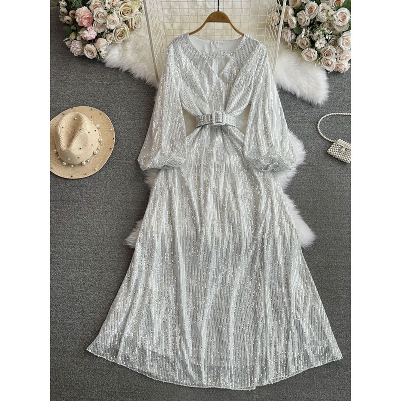 

Доступная роскошь Платье А-силуэта с длинным рукавом-фонариком Элегантность Пайетки White One size