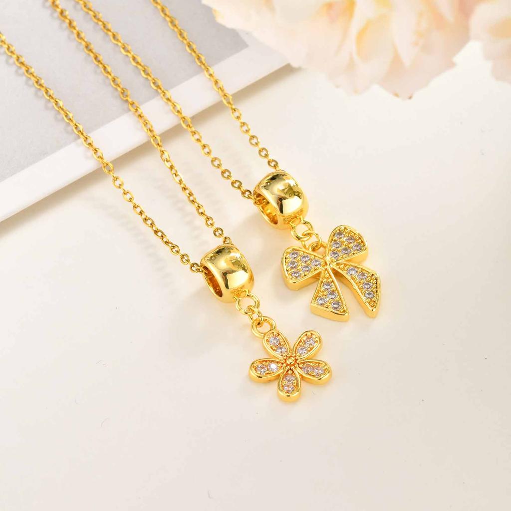 Pave Cubic Zirconia Charms Bowtie Flower Pendant Necklace for Women, Fashion Stainless Steel Clavicle Chain Necklaces Wholesale