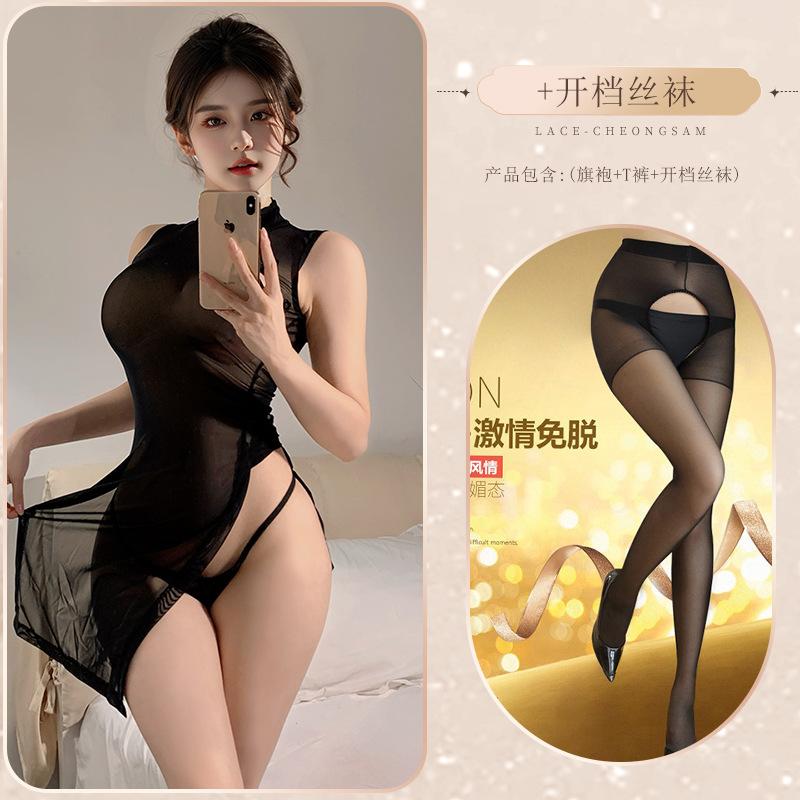 Sex underwear cheongsam spice girls sexy pajamas high split cheongsam pure desire sexy mesh see-through robe free women
