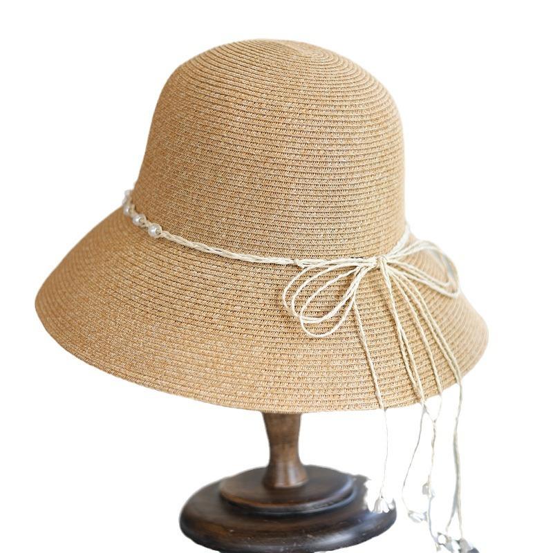 French Pearl Straw Rope Bow Holiday Bucket Hat Elegant Versatile Beach Sun Protection Folding Hat Summer