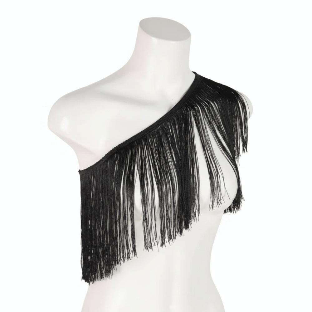 Black Women s Halter Top Tassel Detail Long Fringe Trim Belted Top Adjustable Elastic Harness Top One Size