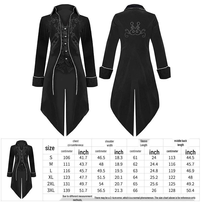 

European & American Halloween Swallowtail Suit: Medieval Retro Punk Men s Mid-Length Coat for Court Performances. S