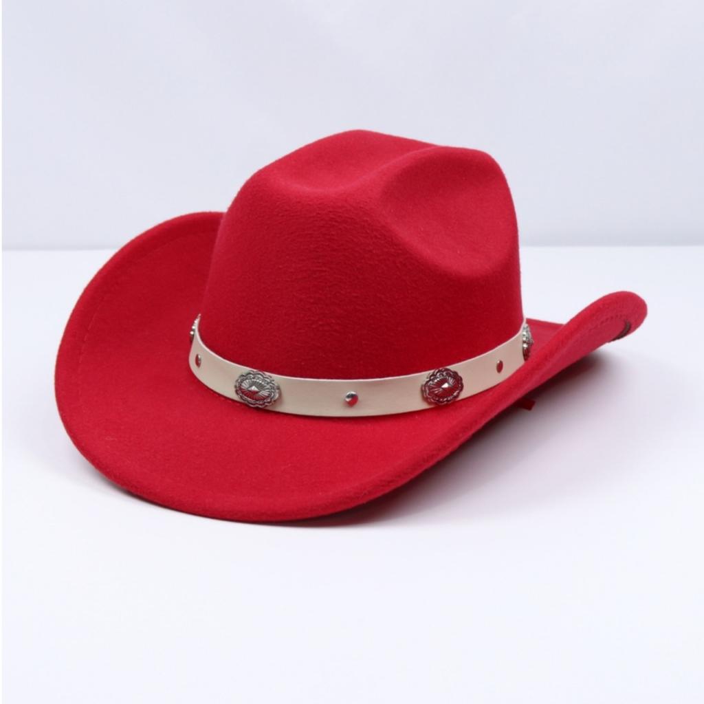 Men's and women's Panama-style soft felt cowboy hat with metal flower shape and white leather belt, suitable for parties
