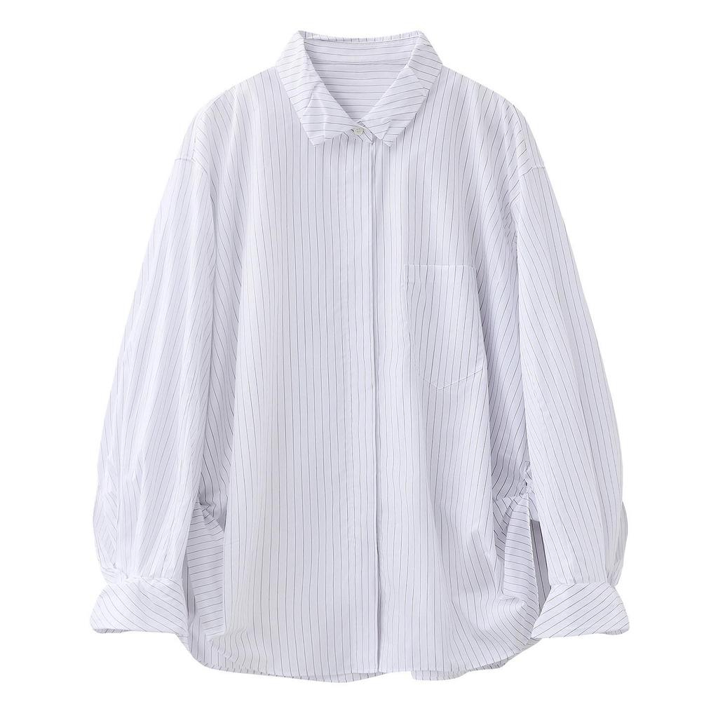 In Stock: 2026 Spring Fashionable Versatile Bud Sleeves Cotton Striped Shirt Top for Women