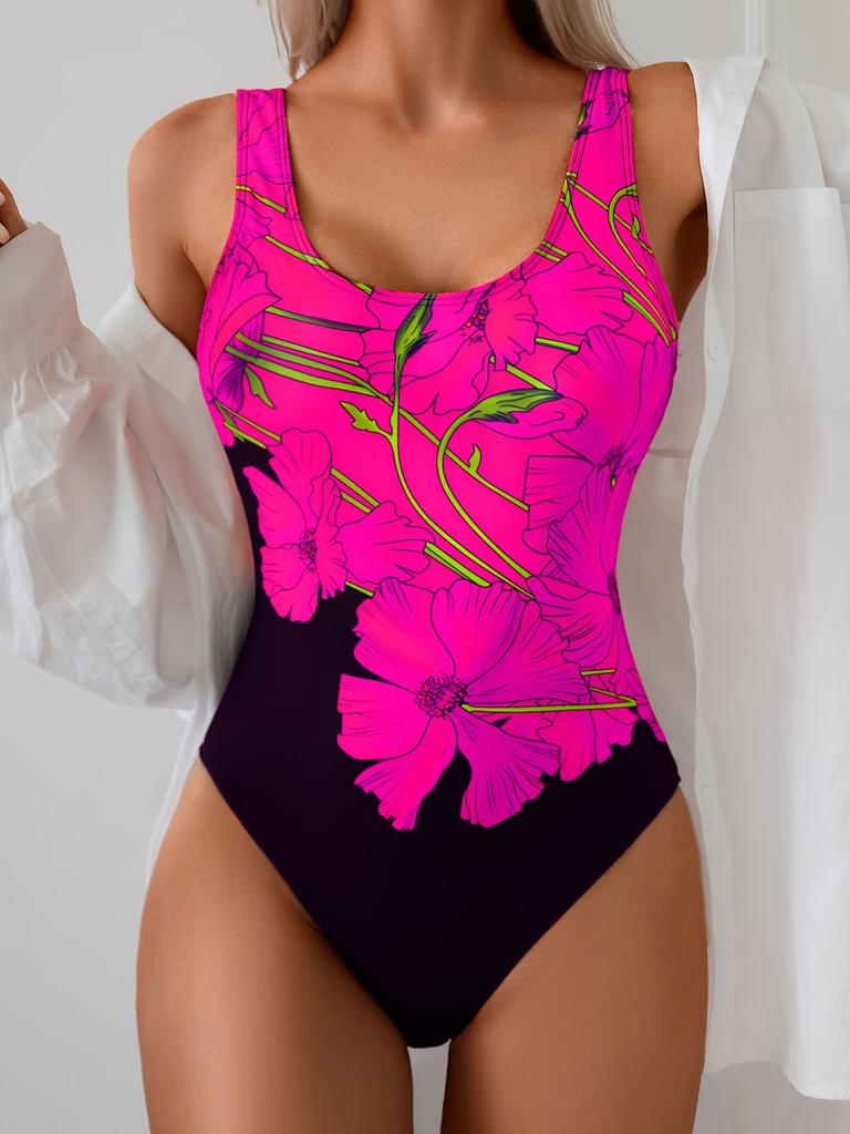 Women's One-Piece Swimsuit Slim Fit Waist-Cinching Round Neck Floral Print Black with Pink Flowers High Elasticity Swimsuit for Beach Pool Summer