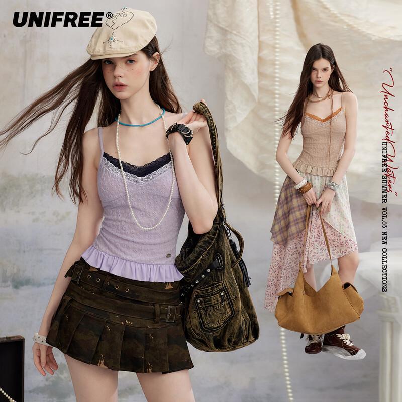 UNIFREE Lace Ruffle Faux Two-Piece Camisole S