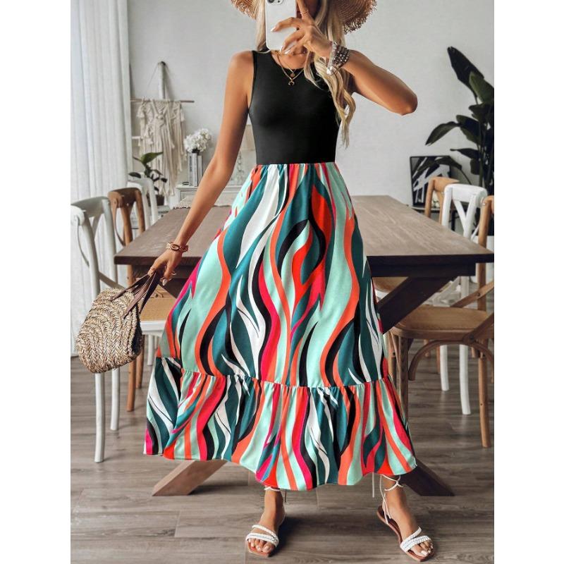 

Женское платье без рукавов с длинным круглым вырезом и волнистым краем в полоску с лоскутным принтом XXL чёрный