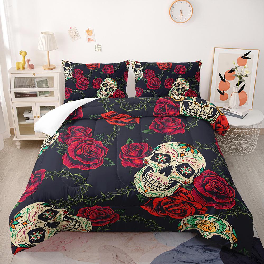 3D-Blumen-Schädelkopf-Bettwäsche-Set, Gothic-Horror-Daunen-Bettbezug, Kissenbezug, 2/3-teilig, Halloween, volle Größe, Heimtextilien, Herren-Bettbezug