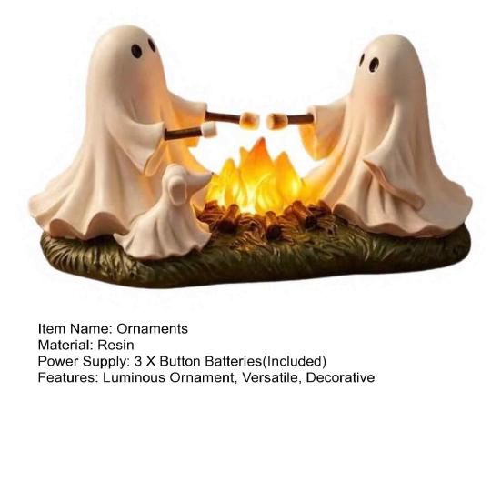 LED Light Up Bonfire Statue Ghost Roasted Marshmallows Ornament, Durable Resin Cute Halloween Desktop Ornament for Fireplace Craft, Decorative